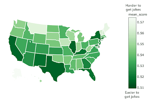 A heatmap showing the regional differences across the United States where where people are less likely to get a joke.