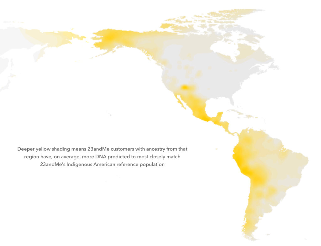 A map of the Americas that shades in where 23andMe customers with Indigenous American ancestry come from.