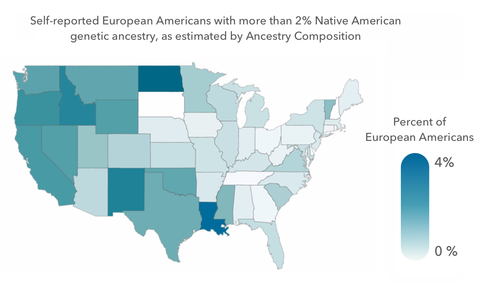 A map of the US showing concentrations of European Americans with Native American ancestry.