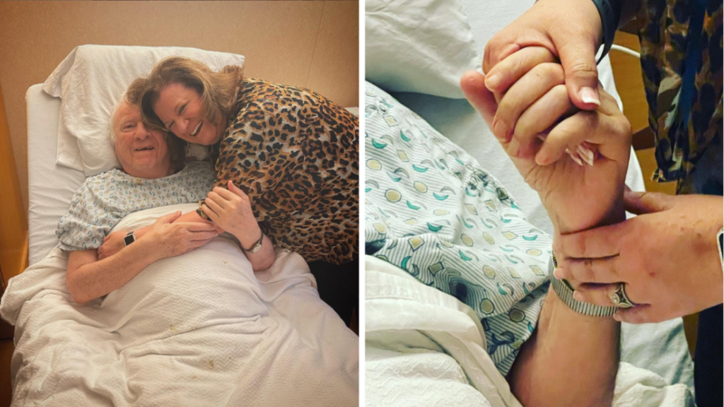 An photo showing Deanna visiting Gus at a nursing home in Virginia and a photo of them holding hands.
