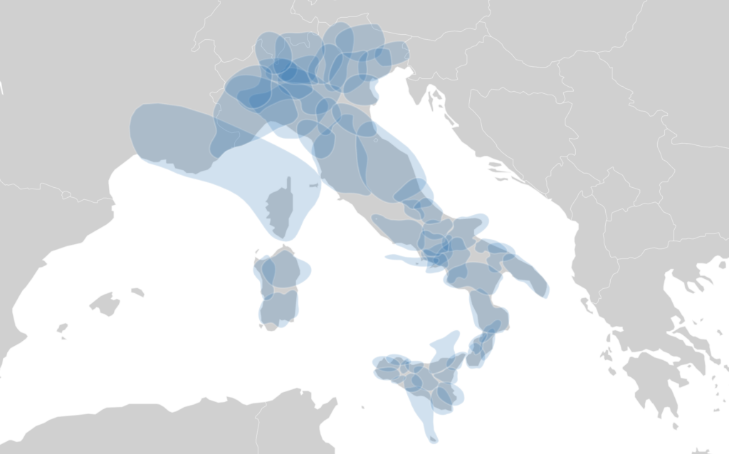A map of Italy and the regions included in 23andMe's most recent update.