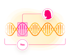 An illustration showing strand of DNA and a connection between a person and Beethoven