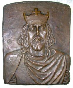 A relief image in bronze of King Bela III of Hungary.