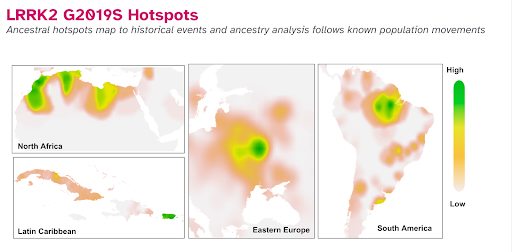 Heat maps of different areas in Latin America, and the Caribbean where there are hotspots for LRRK2.