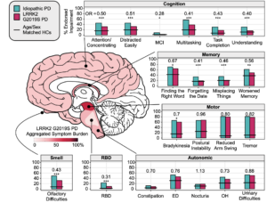 Mapping of LRRK2 PD symptoms to areas of the brain.