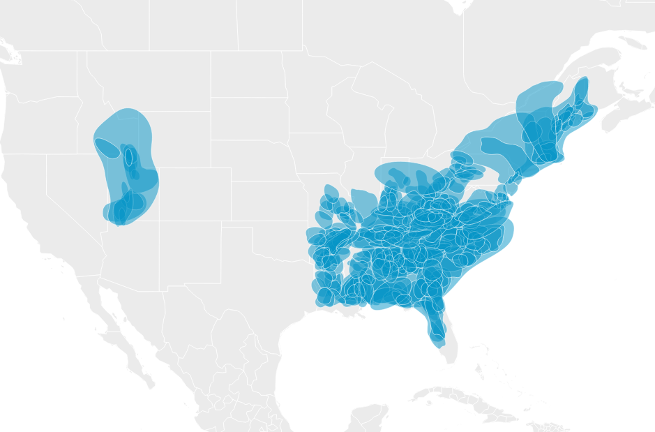 A map of the United States that shows locations where people with connections to colonial genetic groups reside.