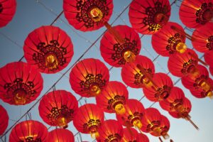 Red lanterns flying for Lunar New Year