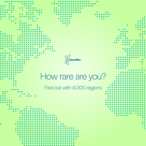 Stylistic map representing 23andMe Ancestry Composition with 4000+ regions and text "How rare are you? Find out with 4,000 regions"